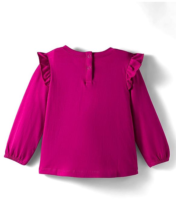 Babyhug 100% Cotton Knit Full Sleeves Top with Butterfly Print & Frill Detailing - Dark Pink