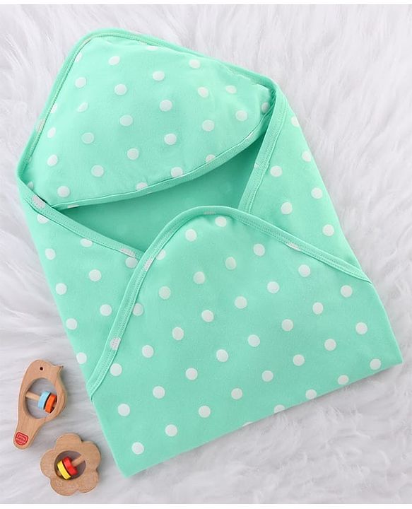 Babyhug Cotton Interlock Knit Hooded Wrapper with Polka Dots Print L 76 x B 71.5 cm - Green