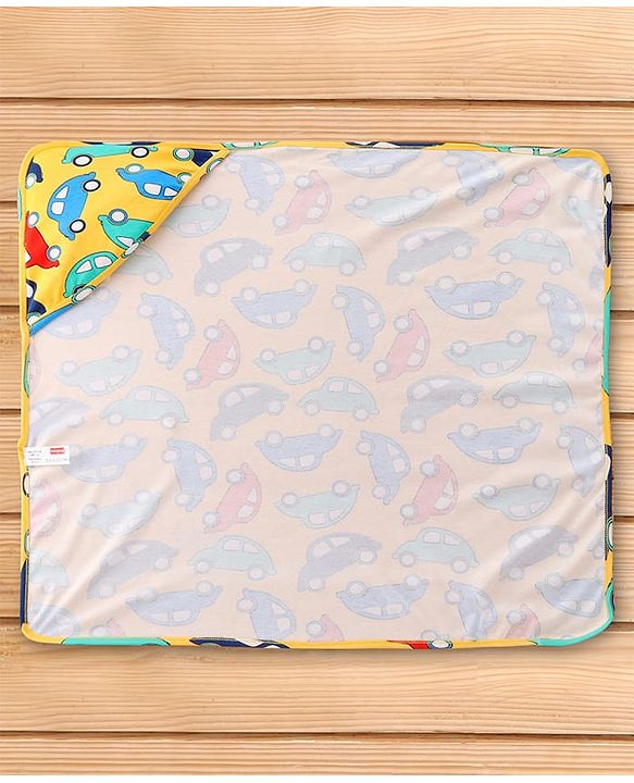 Babyhug Cotton Interlock Knit Hooded Wrapper with Vehicle Print L 76 x B 71.5 cm - Yellow