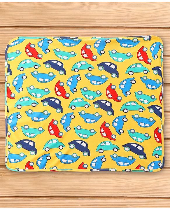Babyhug Cotton Interlock Knit Hooded Wrapper with Vehicle Print L 76 x B 71.5 cm - Yellow