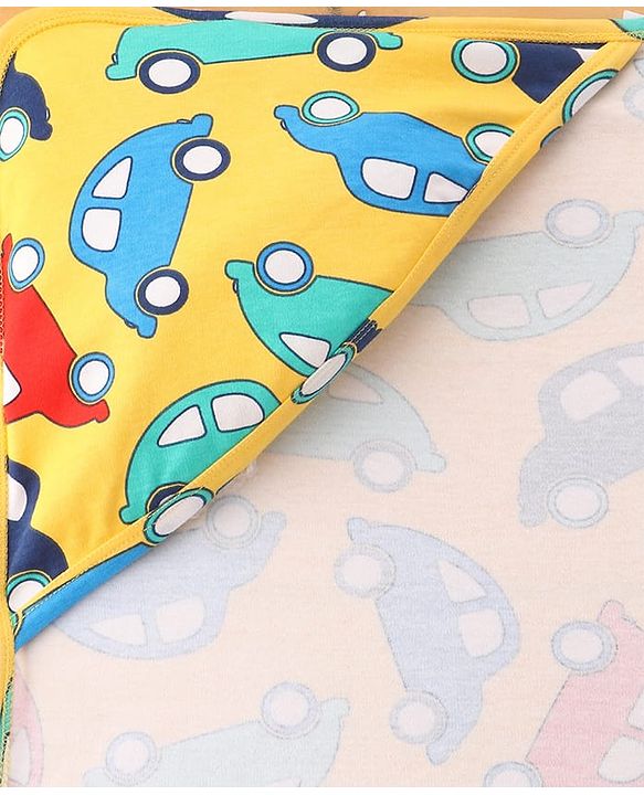Babyhug Cotton Interlock Knit Hooded Wrapper with Vehicle Print L 76 x B 71.5 cm - Yellow