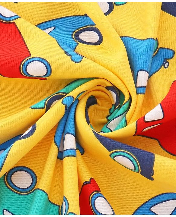 Babyhug Cotton Interlock Knit Hooded Wrapper with Vehicle Print L 76 x B 71.5 cm - Yellow