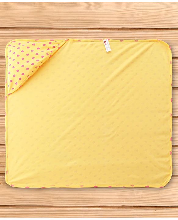 Babyhug Cotton Interlock Knit Hooded Wrapper with Hearts Print L 76 x B 71.5 cm - Yellow