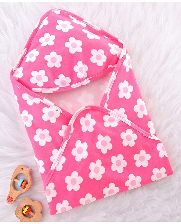Babyhug Cotton Interlock Knit Hooded Wrapper with Floral Print L 76 x B 71.5 cm - Pink