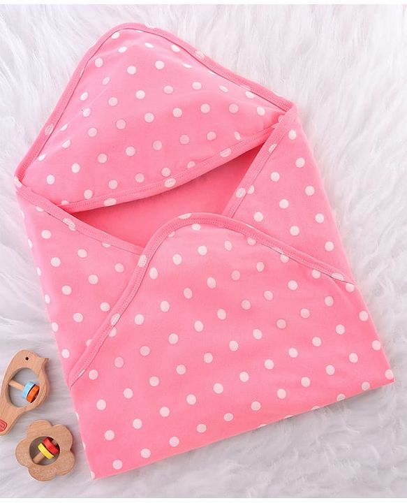 Babyhug Cotton Interlock Knit Hooded Wrapper with Polka Dots Print L 76 x B 71.5 cm - Pink