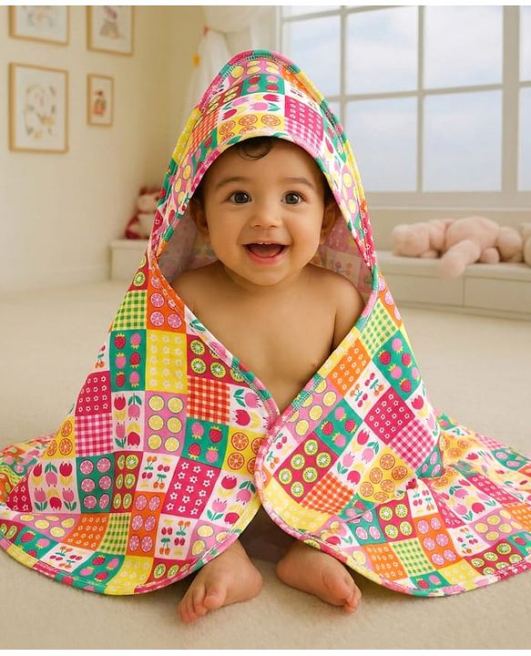 Babyhug Cotton Interlock Knit Hooded Wrapper with Tropical Theme Printed L 76 x B 73 cm - White