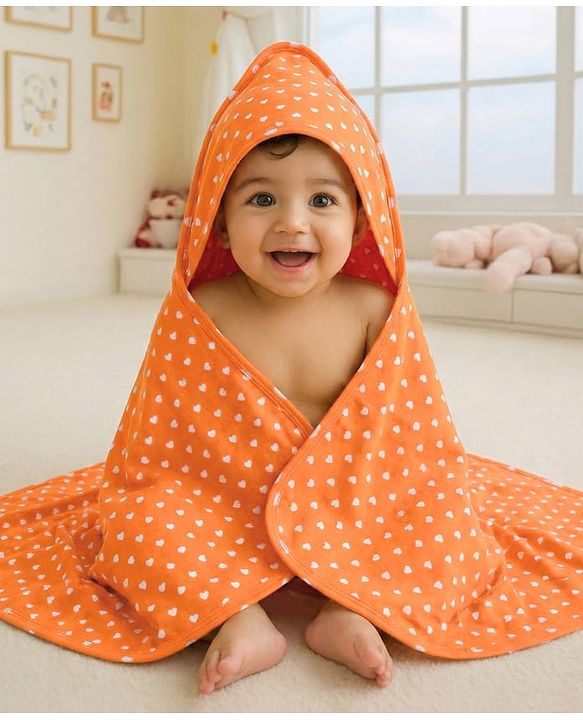 Babyhug Cotton Interlock Knit Hooded Wrapper with Heart Print L 75 x B 74 cm - Orange