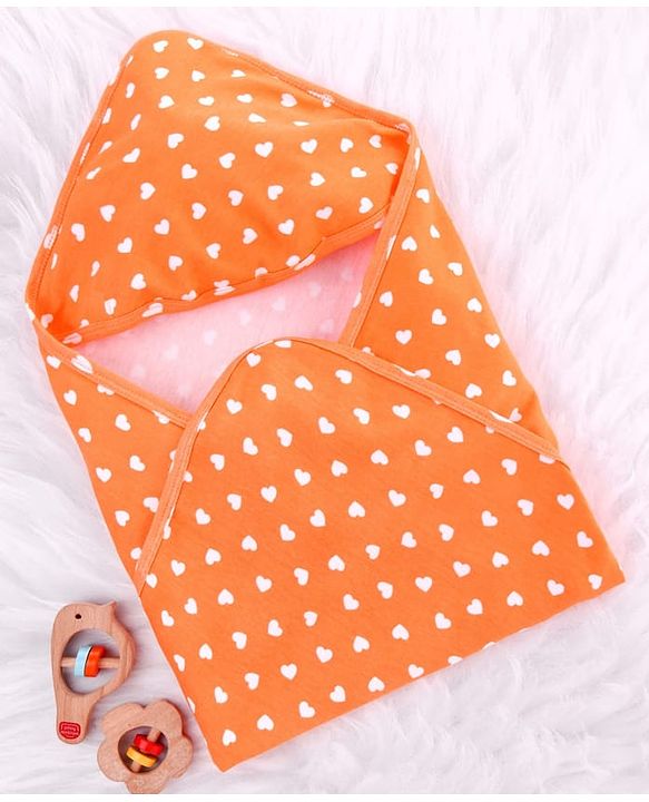 Babyhug Cotton Interlock Knit Hooded Wrapper with Heart Print L 75 x B 74 cm - Orange