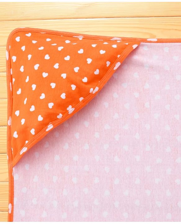 Babyhug Cotton Interlock Knit Hooded Wrapper with Heart Print L 75 x B 74 cm - Orange