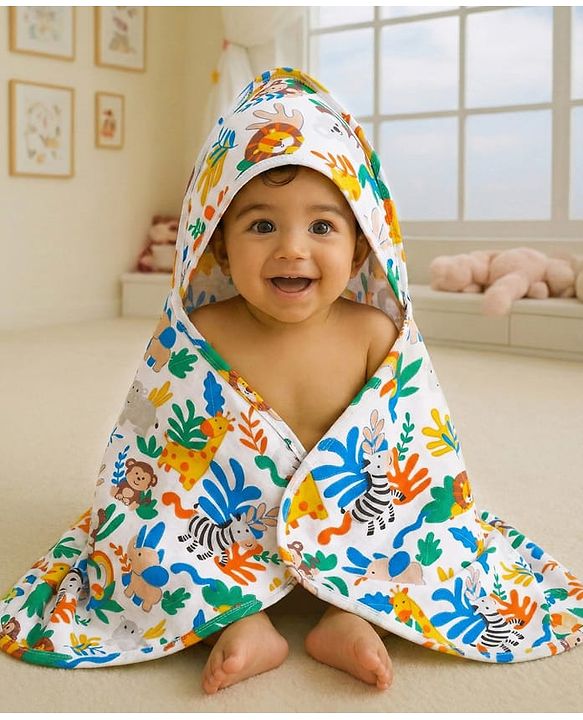 Babyhug Cotton Knit Hooded  Wrapper With Animal Print L 75 x B 70 cm - Yellow