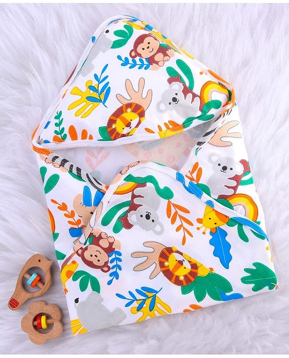 Babyhug Cotton Knit Hooded  Wrapper With Animal Print L 75 x B 70 cm - Yellow