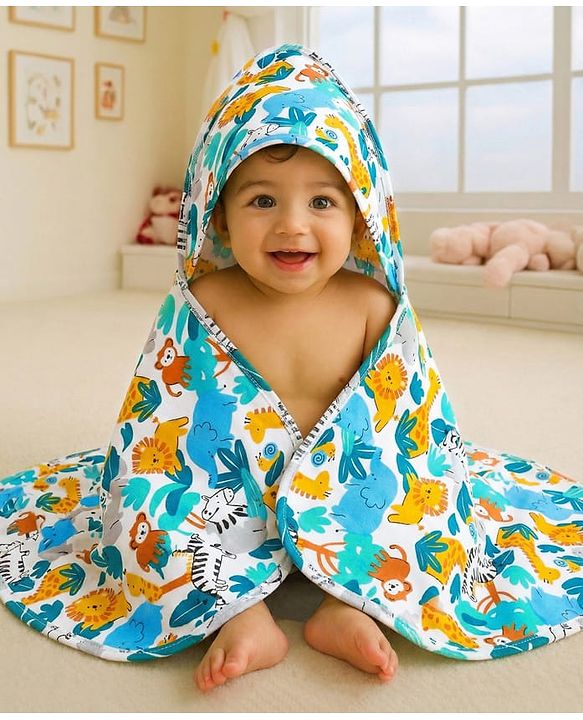 Babyhug Cotton Knit Hooded Wrapper With Animal Print L 75 x B 70 cm - White