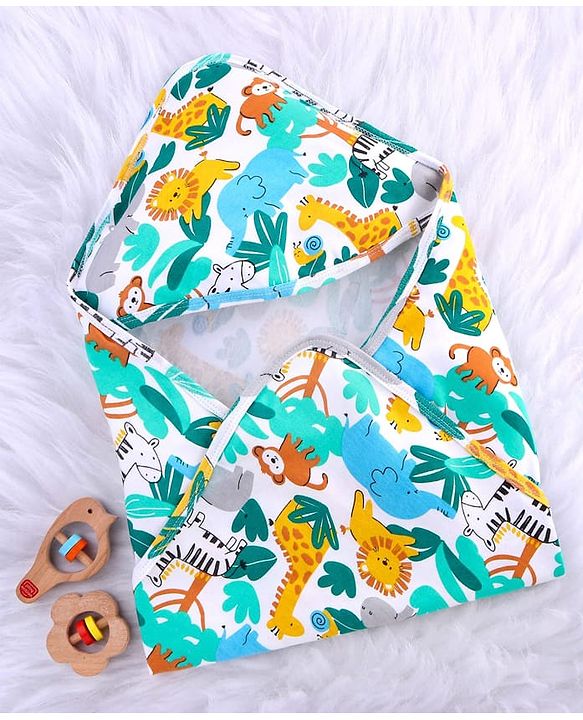 Babyhug Cotton Knit Hooded Wrapper With Animal Print L 75 x B 70 cm - White