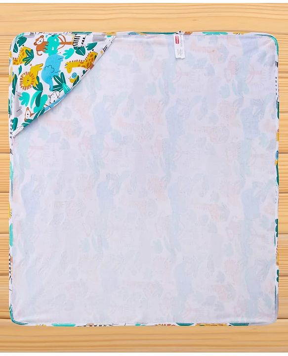 Babyhug Cotton Knit Hooded Wrapper With Animal Print L 75 x B 70 cm - White