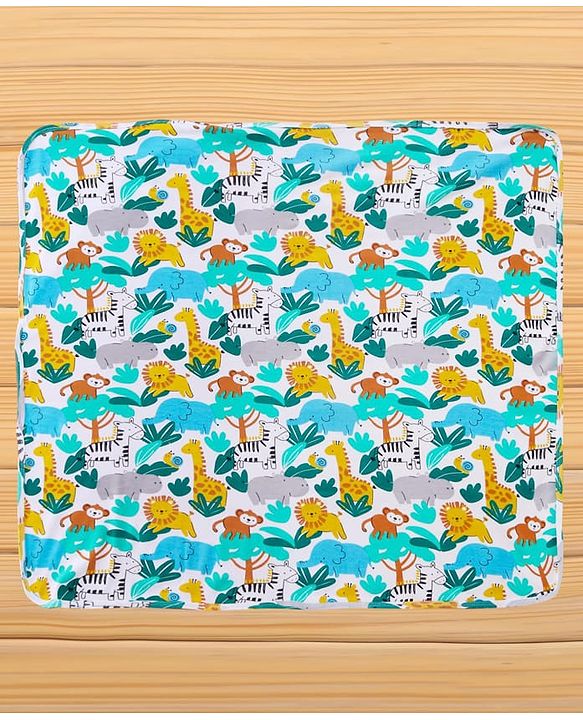 Babyhug Cotton Knit Hooded Wrapper With Animal Print L 75 x B 70 cm - White