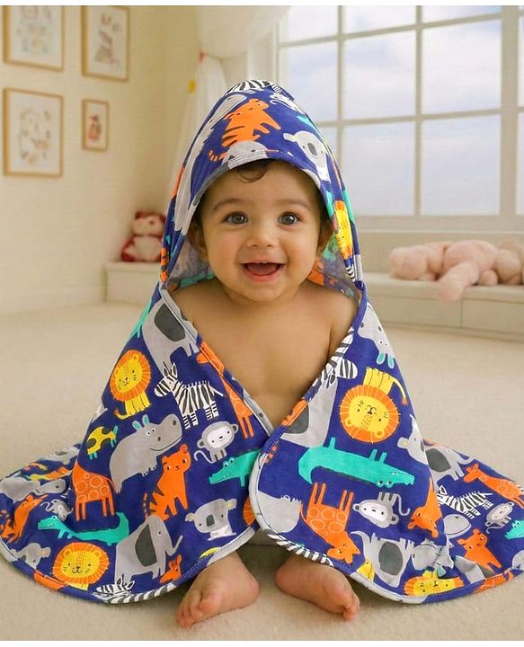 Babyhug Cotton Interlock Knit Hooded Wrapper with Animal Print L 76 x B 73 cm - Navy Blue