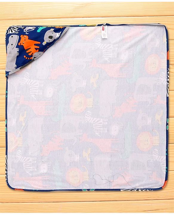 Babyhug Cotton Interlock Knit Hooded Wrapper with Animal Print L 76 x B 73 cm - Navy Blue