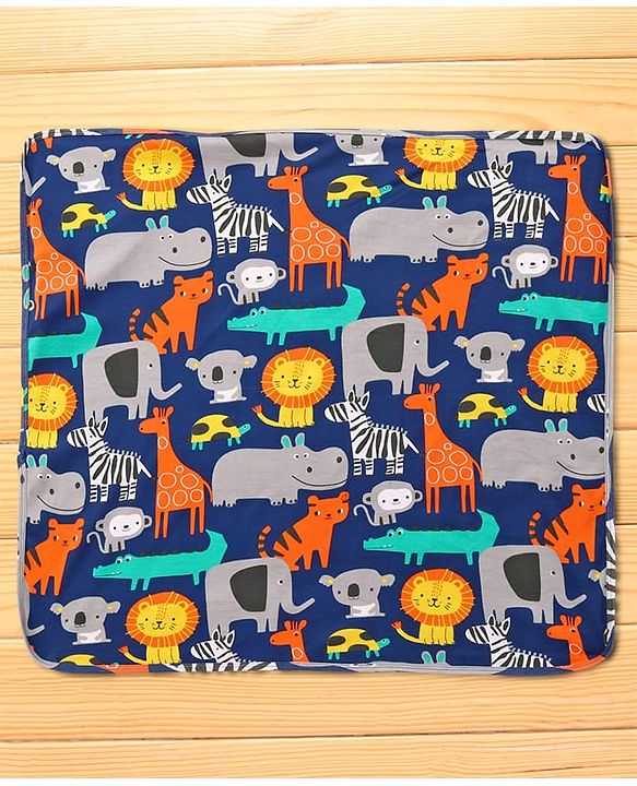 Babyhug Cotton Interlock Knit Hooded Wrapper with Animal Print L 76 x B 73 cm - Navy Blue
