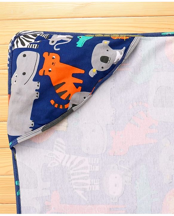 Babyhug Cotton Interlock Knit Hooded Wrapper with Animal Print L 76 x B 73 cm - Navy Blue