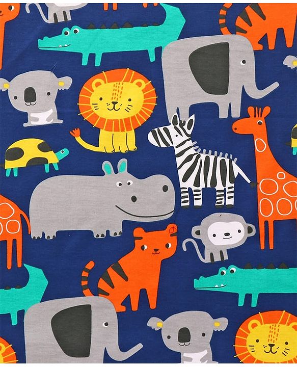 Babyhug Cotton Interlock Knit Hooded Wrapper with Animal Print L 76 x B 73 cm - Navy Blue