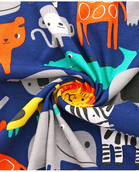 Babyhug Cotton Interlock Knit Hooded Wrapper with Animal Print L 76 x B 73 cm - Navy Blue