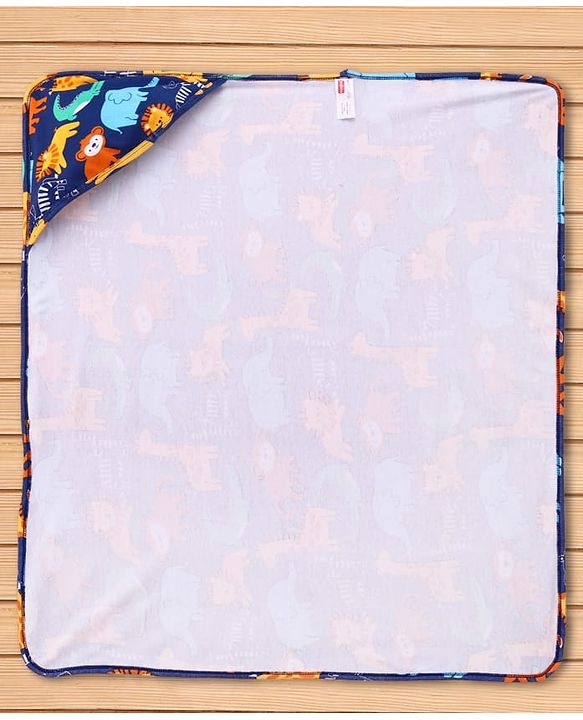 Babyhug Cotton Interlock Knit Hooded Wrapper with Animal Print L 75 x B 73 cm - Navy Blue