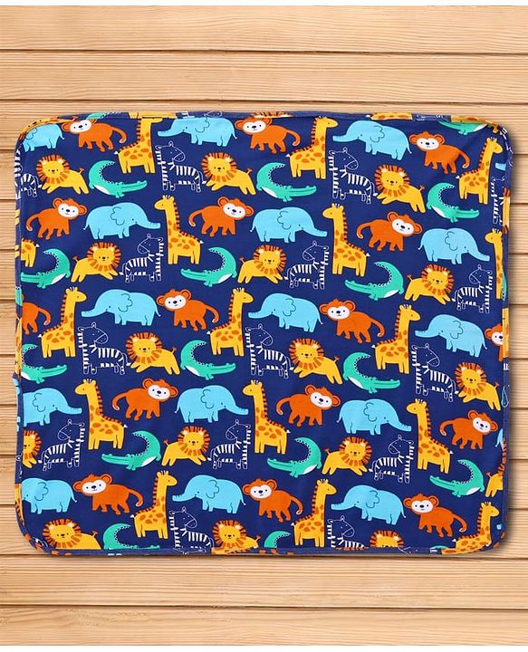 Babyhug Cotton Interlock Knit Hooded Wrapper with Animal Print L 75 x B 73 cm - Navy Blue