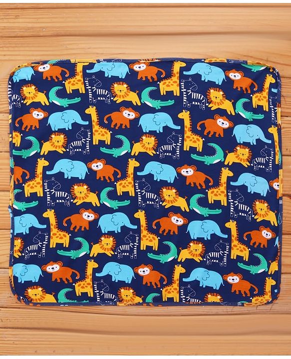 Babyhug Cotton Interlock Knit Hooded Wrapper with Animal Print L 75 x B 73 cm - Navy Blue