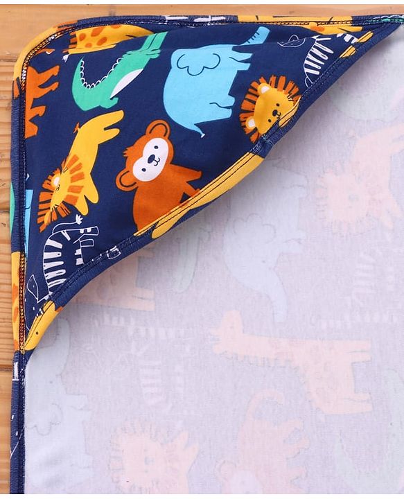 Babyhug Cotton Interlock Knit Hooded Wrapper with Animal Print L 75 x B 73 cm - Navy Blue
