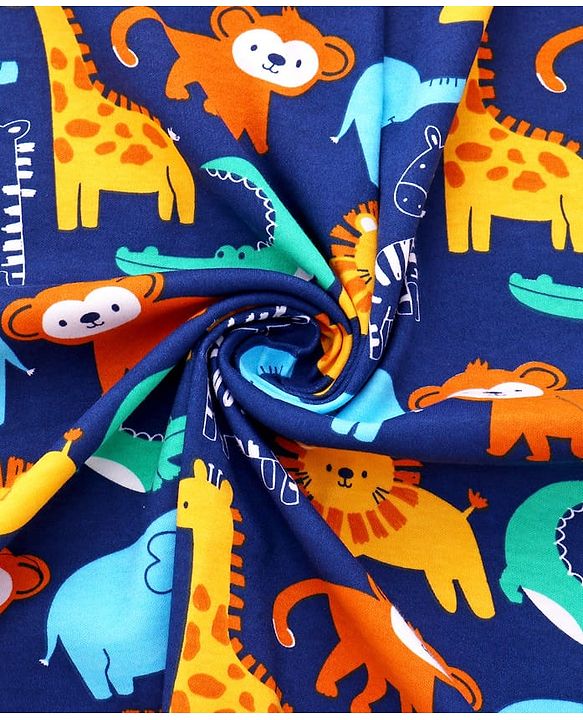 Babyhug Cotton Interlock Knit Hooded Wrapper with Animal Print L 75 x B 73 cm - Navy Blue