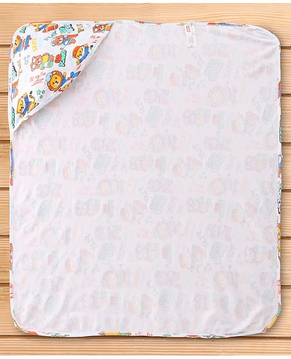 Babyhug Cotton Interlock Knit Hooded Wrapper with Animal Print L 76 x B 71.5 cm - White
