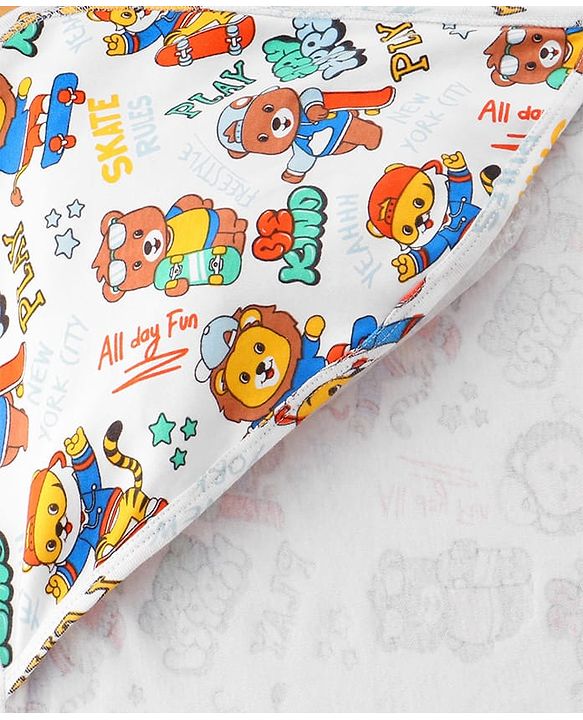 Babyhug Cotton Interlock Knit Hooded Wrapper with Animal Print L 76 x B 71.5 cm - White