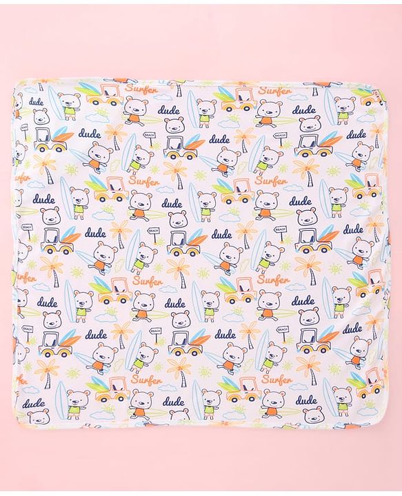 Babyhug Interlock Cotton Knit Hooded Wrapper Beach Theme Print L 75 x B 72 cm - White