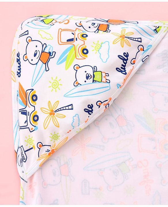 Babyhug Interlock Cotton Knit Hooded Wrapper Beach Theme Print L 75 x B 72 cm - White