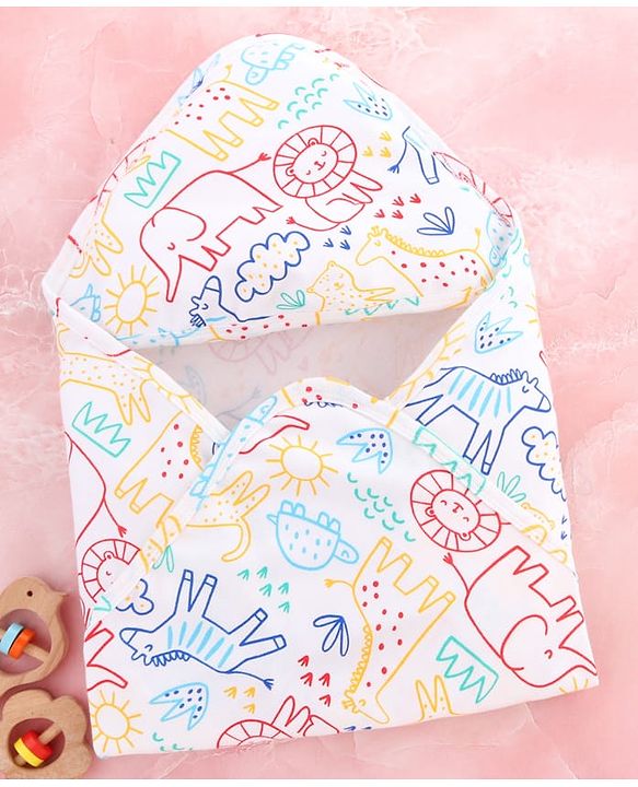 Babyhug Interlock Cotton Knit Hooded Wrapper Jungle Theme Print L 75 x B 72 cm - White