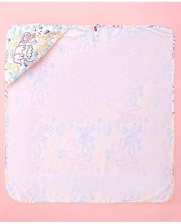 Babyhug Interlock Cotton Knit Hooded Wrapper Jungle Theme Print L 75 x B 72 cm - White