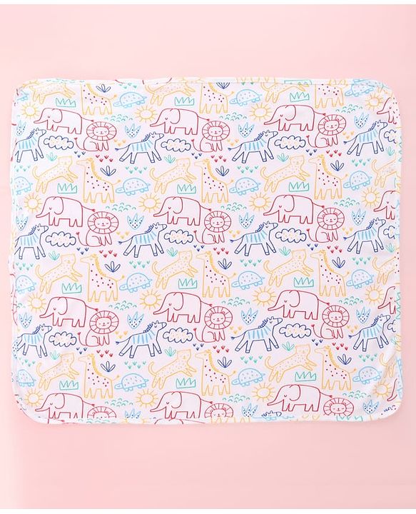 Babyhug Interlock Cotton Knit Hooded Wrapper Jungle Theme Print L 75 x B 72 cm - White