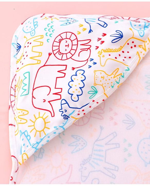 Babyhug Interlock Cotton Knit Hooded Wrapper Jungle Theme Print L 75 x B 72 cm - White