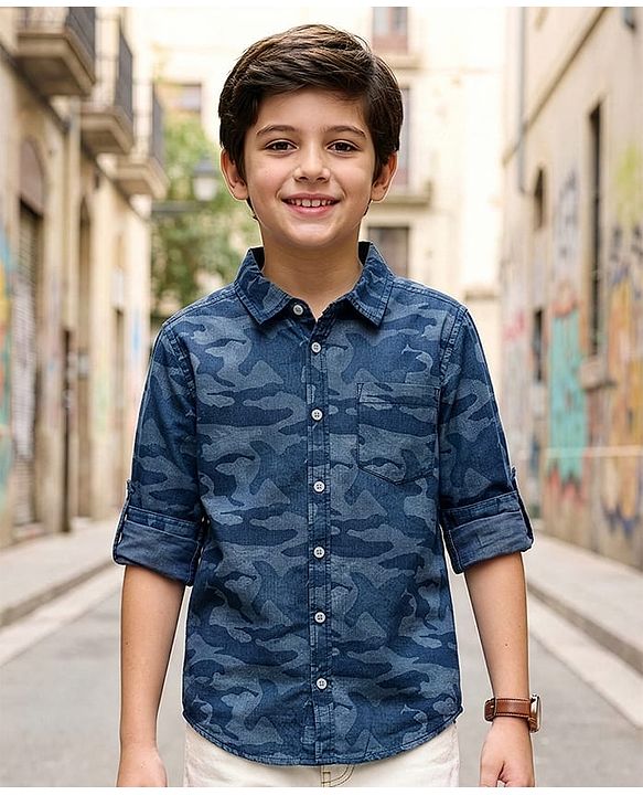 Pine Kids Denim Woven Full Sleeves Shirt with Camouflage Design - Blue