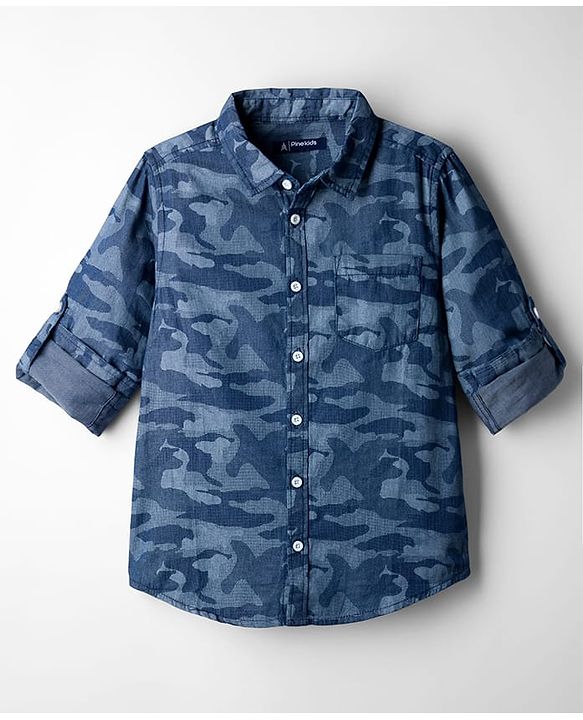 Pine Kids Denim Woven Full Sleeves Shirt with Camouflage Design - Blue