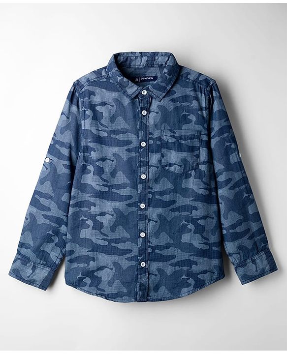 Pine Kids Denim Woven Full Sleeves Shirt with Camouflage Design - Blue