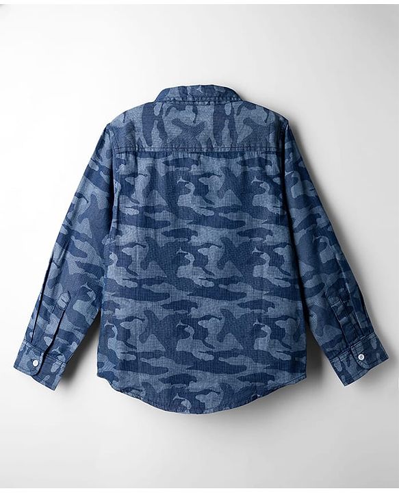 Pine Kids Denim Woven Full Sleeves Shirt with Camouflage Design - Blue