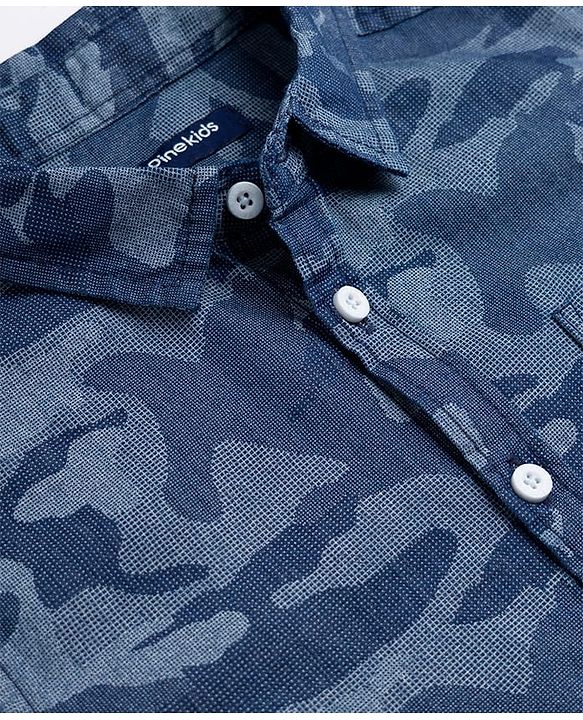 Pine Kids Denim Woven Full Sleeves Shirt with Camouflage Design - Blue
