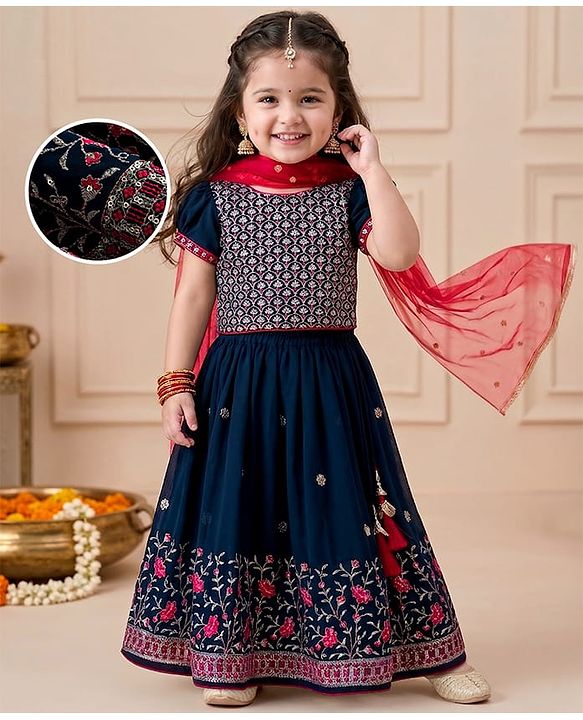 Babyhug Georgette Woven Half Puffed Sleeves Choli Lehenga Set with Dupatta & Embroidery - Navy Blue
