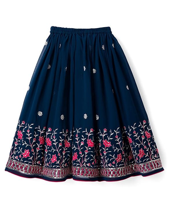 Babyhug Georgette Woven Half Puffed Sleeves Choli Lehenga Set with Dupatta & Embroidery - Navy Blue