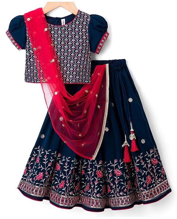 Babyhug Georgette Woven Half Puffed Sleeves Choli Lehenga Set with Dupatta & Embroidery - Navy Blue