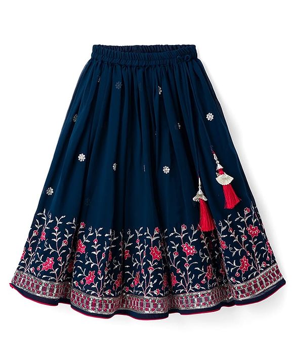 Babyhug Georgette Woven Half Puffed Sleeves Choli Lehenga Set with Dupatta & Embroidery - Navy Blue