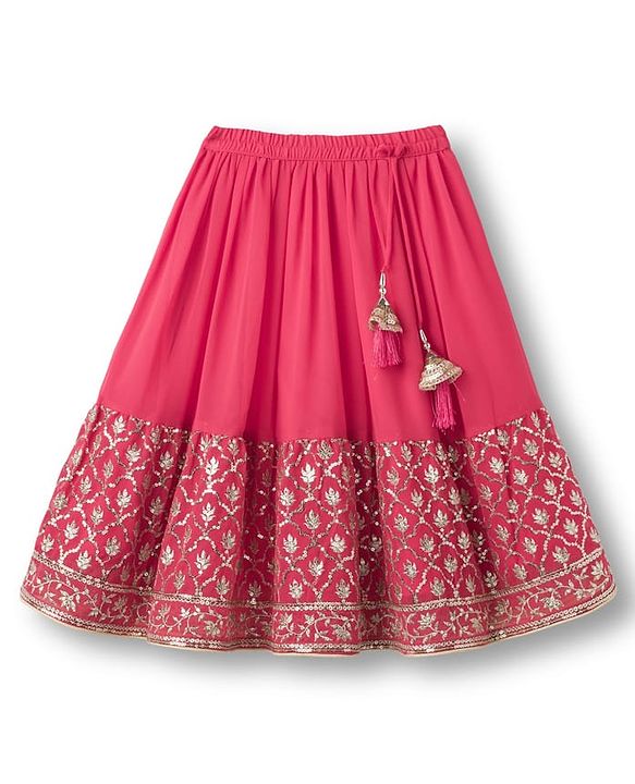 Babyhug Georgett Woven Half Sleeves Choli Lehenega & Dupatta Set With Floral Embriodery & Sequin Detailing - Red