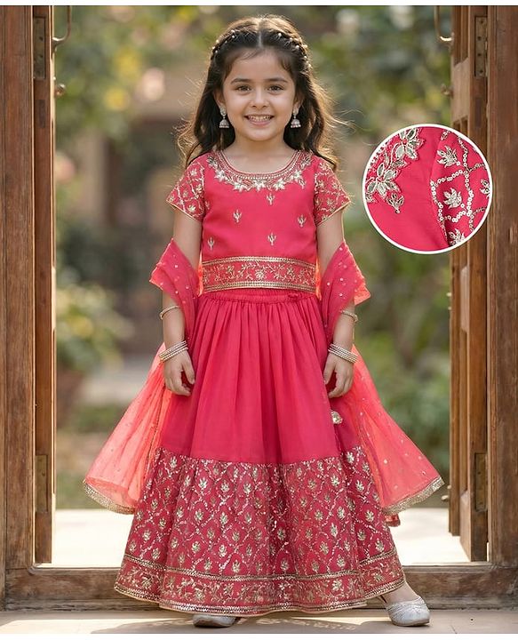 Babyhug Georgett Woven Half Sleeves Choli Lehenega & Dupatta Set With Floral Embriodery & Sequin Detailing - Red