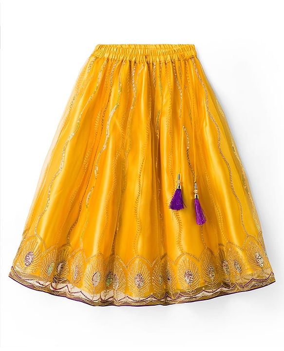 Babyhug Net Woven Half Sleeves Net Embroidered Choli Lehenga & Dupatta Set With Sequin Detailing - Purple & Yellow